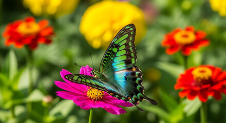 Beautiful butterfly on colorful flowers in vibrant garden