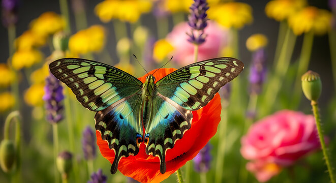 Beautiful butterfly on vibrant flowers in colorful garden landscape
