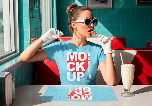 Retro Diner T-Shirt and Paper Placemat Mockup with Fashion Model
