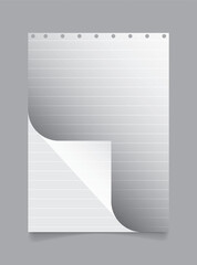 Lined Paper Sheet with Curled Corner and Holes, set of paper sheets, blank sheet of paper sheets and notebook pages featuring empty business card templates for office memo document