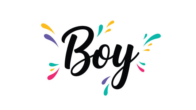 Boy calligraphy text with colorful decorative splashes, a fun and celebratory design for a baby announcement, gender reveal, or birthday.