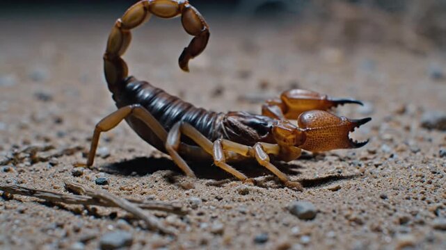 A scorpion prepares to sting, tail raised, on rocky terrain, a dangerous desert creature in its natural habitat