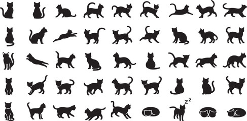 Cute Black Cat Silhouette Icons  Cartoon Vector Bundle