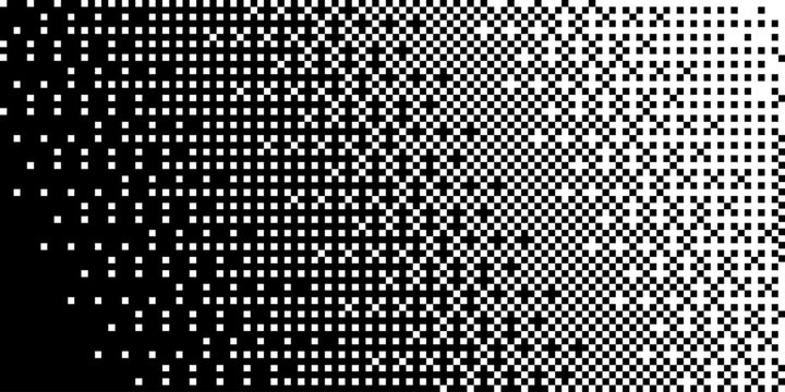 Bitmap halftone banner background with a square dot pattern for retro graphics, glitch effects, digital art, posters, abstract backgrounds, tech design, and bitmap overlays. Vector illustration