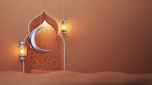 Sandy beige Islamic interior with ornate window, hanging silver moon and lanterns animation. Ramadan Kareem Islam motion background with magic sparks. Holiday elegant animated 3d backdrop