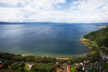 Aerial view of Lake Inawashiro, Aizu Wakamatsu, Fukushima Prefecture, Japan