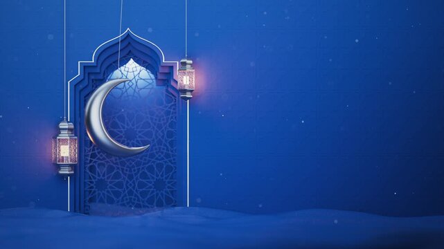 Blue Islamic interior with ornate window, hanging silver moon and lanterns animation. Ramadan Kareem Islam motion background with magic sparks. Holiday elegant animated 3d backdrop