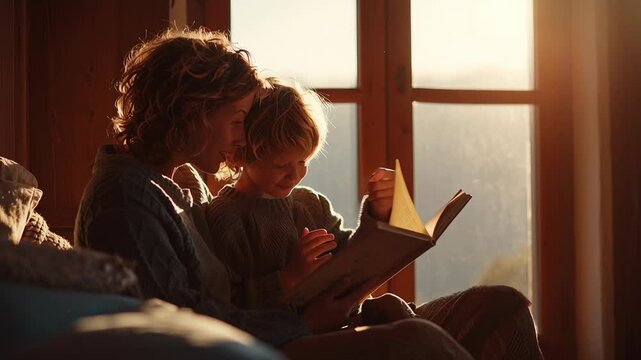 A woman and a child are sitting on a couch reading a book together. Scene is warm and cozy. Parent and child practicing reading together, shared focus, gentle guidance, natural light filling the room