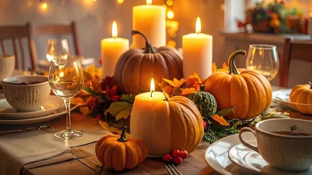 Pumpkins and candles are arranged on a wooden table for a festive Thanksgiving dinner celebration.