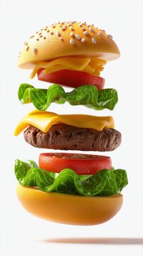 Deconstructed Hamburger Layers Floating on White Background