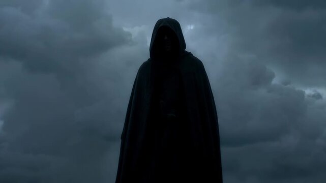 Dark hooded figure standing in mist against minimal gloomy background with soft cold light and deep shadows. Concept of mystery secrecy and anonymity