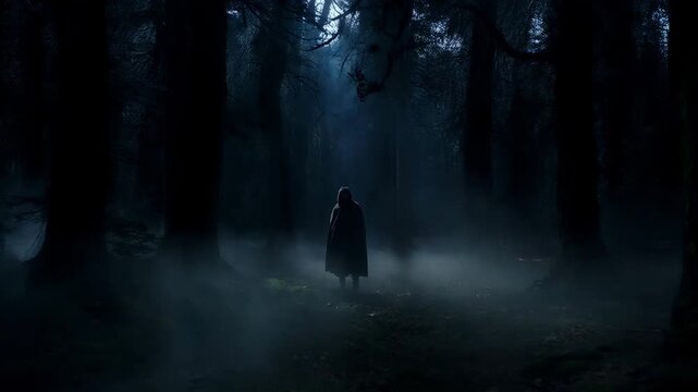 Mysterious silhouette of lone person standing in foggy dark forest with tall trees fading into mist and cold moonlight. Gloomy atmosphere of fear and unknown