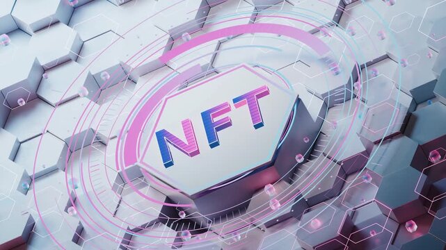 NFT token abstract digital animation with spinning circles and hexagonal background, non-fungible token concept blockchain technology