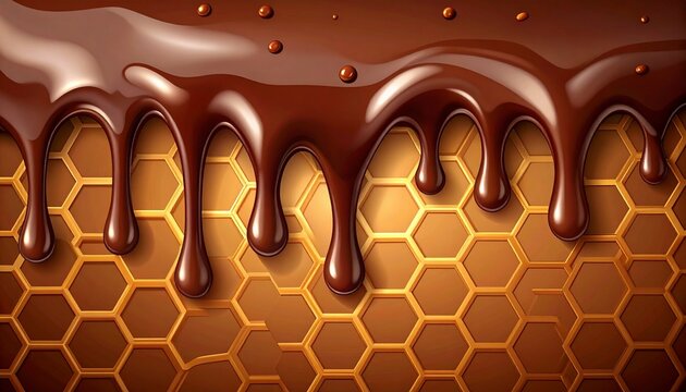 Chocolate drizzle on honeycomb background for food and dessert concepts