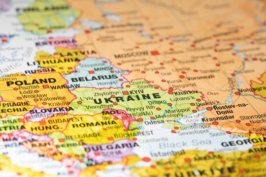 Close-up of a political map showing Ukraine and surrounding Eastern European countries