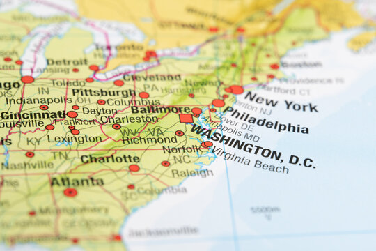 Close-up view of a map showing major cities on the East Coast of the United States