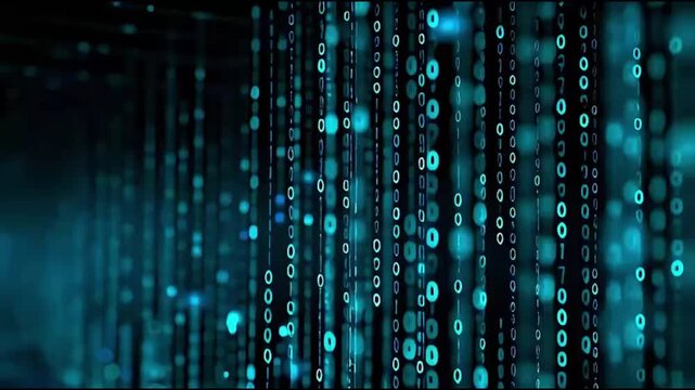 Binary code digital data stream with glowing blue numbers.
