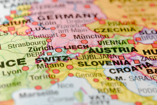 Close-up view of a political map showing Central Europe with focus on Austria and Switzerland