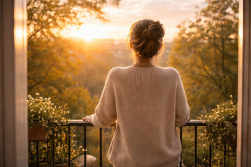 Obraz premium Morning balcony woman, autumn sunrise light, cozy sweater calm, golden nature view, peaceful routines start, quiet outdoor home