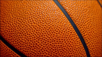 Close-up of basketball surface showing pebbled texture and black seams. Detailed view highlights grip and material design.