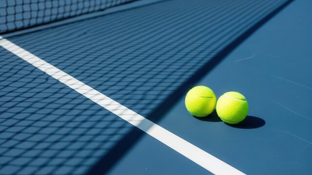 Two vibrant yellow tennis balls rest on a blue hard court, illuminated by sunlight casting distinct shadows from the net and a crisp white boundary line.