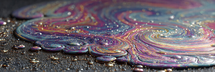 Fototapeta premium Mesmerizing Iridescent Swirls of Oil on Water Surface, Capturing Dynamic Rainbow Hues and Droplets