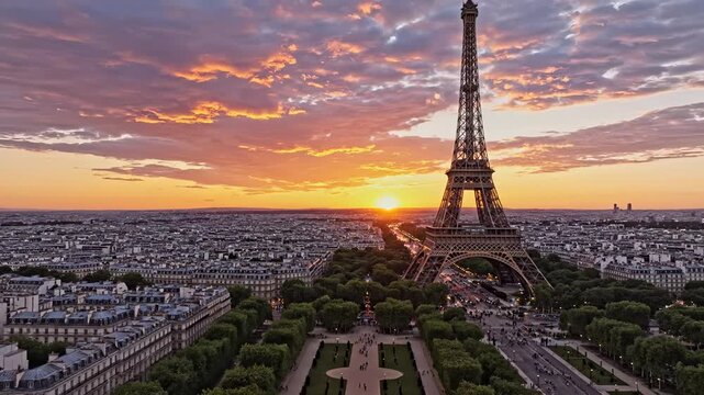 Eiffel Tower at sunset, Paris skyline glows in golden light. Tourists enjoy vibrant atmosphere, capturing beautiful moments. Iconic landmark represents romance and travel.