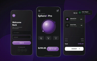 "A sophisticated and futuristic dark-mode UI design featuring a cohesive tech ecosystem. The visual mood is sleek, mysterious, and high-end, utilizing deep purples, vibrant neon accents, and glossy 3D