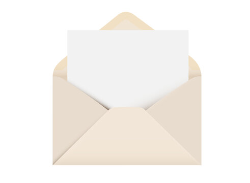 Open beige envelope with paper blank greeting card or letter