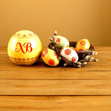  Vector Easter still life in a modern interpretation. Kulich with icing and the letters "XB", painted eggs in a wicker basket, a branch of pussy willow. Warm colors, soft shadows, focus on textures (w