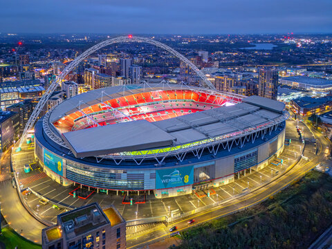 Wembley, North London, United Kingdom 11.27.2025 Aerial image of Wembley Stadium taken during nightfall. 27th November 2025