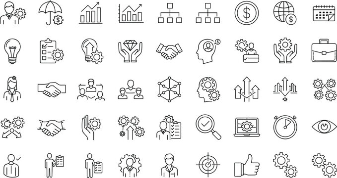 Business management and strategy outline icon set with analytics, leadership, partnership and corporate development symbols isolated on white background vector collection
