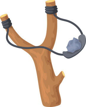 Throwing stone catapult toy. Cartoon slingshot icon