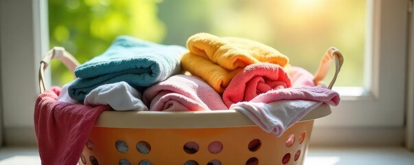 A fresh, clean laundry basket overflowing with brightly colored, soft towels and clothes, ready to be folded Sunlight streams in, highlighting the crispness of the fabrics , detail, clothes