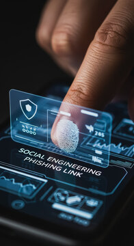 Cybersecurity Warning: Fingerprint Biometric Scan Failure Detecting Social Engineering Phishing Link on Mobile Phone, Illustrating Data Security Risks and Digital Threat.