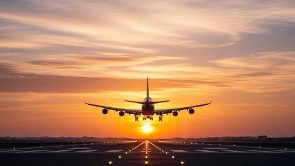 Passenger jet airplane taking off from runway at sunset with orange sun flare and dramatic clouds for travel banner or website header