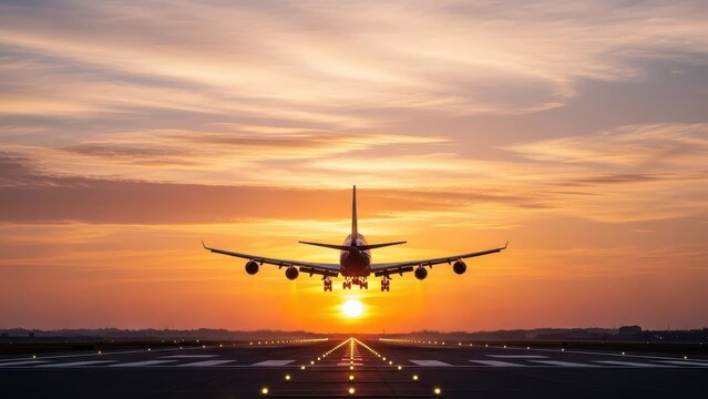 Passenger jet airplane taking off from runway at sunset with orange sun flare and dramatic clouds for travel banner or website header