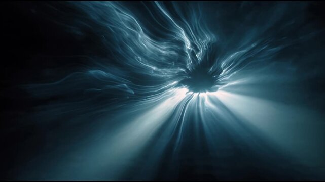 Abstract blue light portal expanding and contracting in dark space with ethereal smoke and beams of light