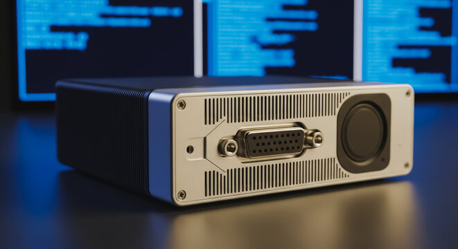 Rugged Industrial Mini PC Computer Hardware with D-Sub Connector and Speaker. Close-up of Specialized Electronic Device in a Dark Tech Environment with Abstract Blue Coding Data Background.