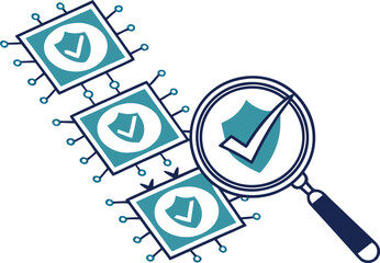 Digital Security Inspection: A magnified view of a data protection symbol, set against an array of processing unit, emphasizing the scrutiny and safeguards in the digital world.