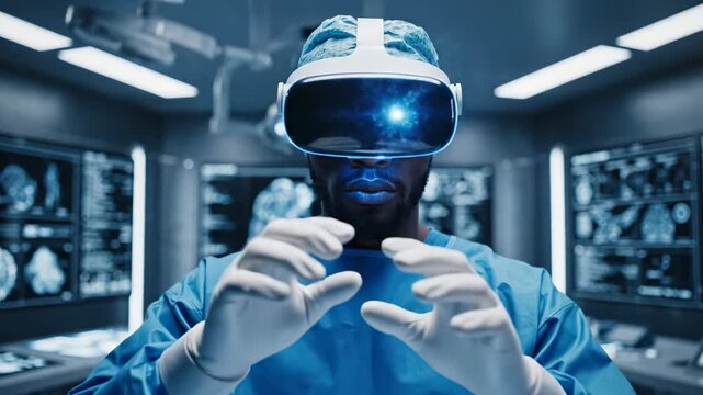 An African American medical professional in blue scrubs wears a futuristic VR headset, actively interacting with a brilliant virtual display in a high-tech operating room