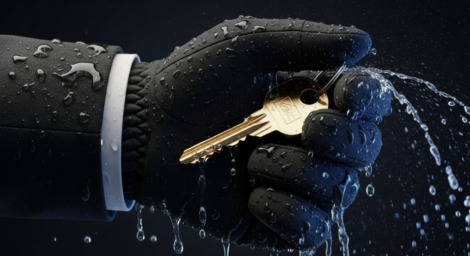 Close-up of a business hand wearing a waterproof suit sleeve holding a shining golden key under heavy water splash, symbolizing secure access, protection, ownership, and durability in dramatic studio