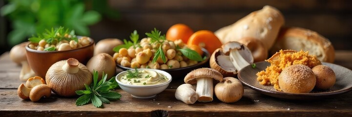 A rustic wooden table laden with a variety of wild mushrooms, prepared for a delicious supper Creamy sauces, herbs, and crusty bread complete the scene , cooking, oyster mushrooms
