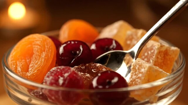 Dried Fruit Mix in Bowl with Spoon Scooping Cherry.