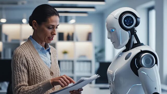 A professional businesswoman stands, actively presenting documents to a sophisticated humanoid robot in a modern office, highlighting the future of work and collaborative integration of