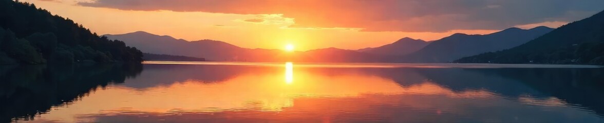 A serene lakeside scene; sunrise reflecting on calm water, suggesting peace and mindfulness, ideal for promoting a balanced lifestyle and coaching services , calm, meditation