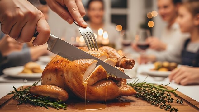 Person carving roasted turkey at Thanksgiving dinner table with family and friends