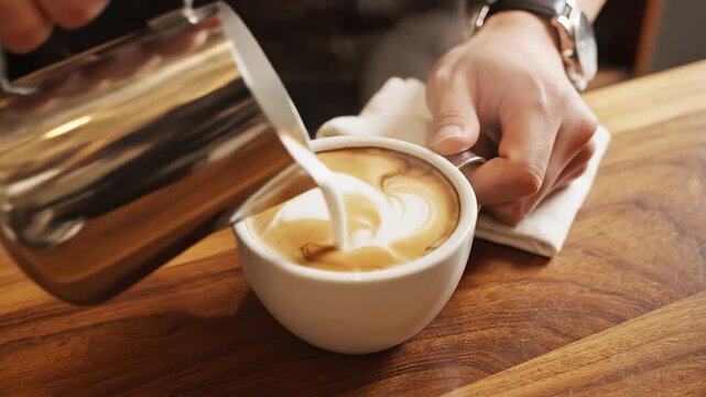 Barista making latte art with espresso and steamed milk in a coffee shop