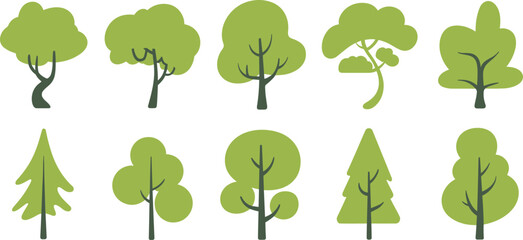 Stylized green tree icon set, flat vector forest trees collection with minimal cartoon shapes, modern botanical nature elements isolated