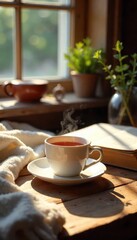 A steaming cup of tea sits on a cozy table amongst books and a warm blanket, sunlight streaming through a nearby window Perfect for a relaxing afternoon , peaceful, mug